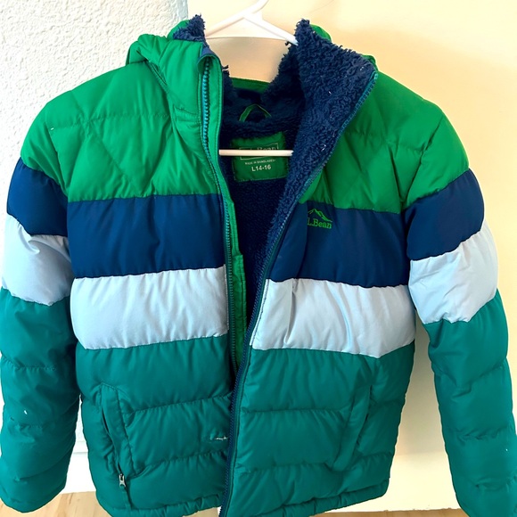 LL Bean Kid’s Down Jacket Colorblock Warm Teal - Picture 1 of 4